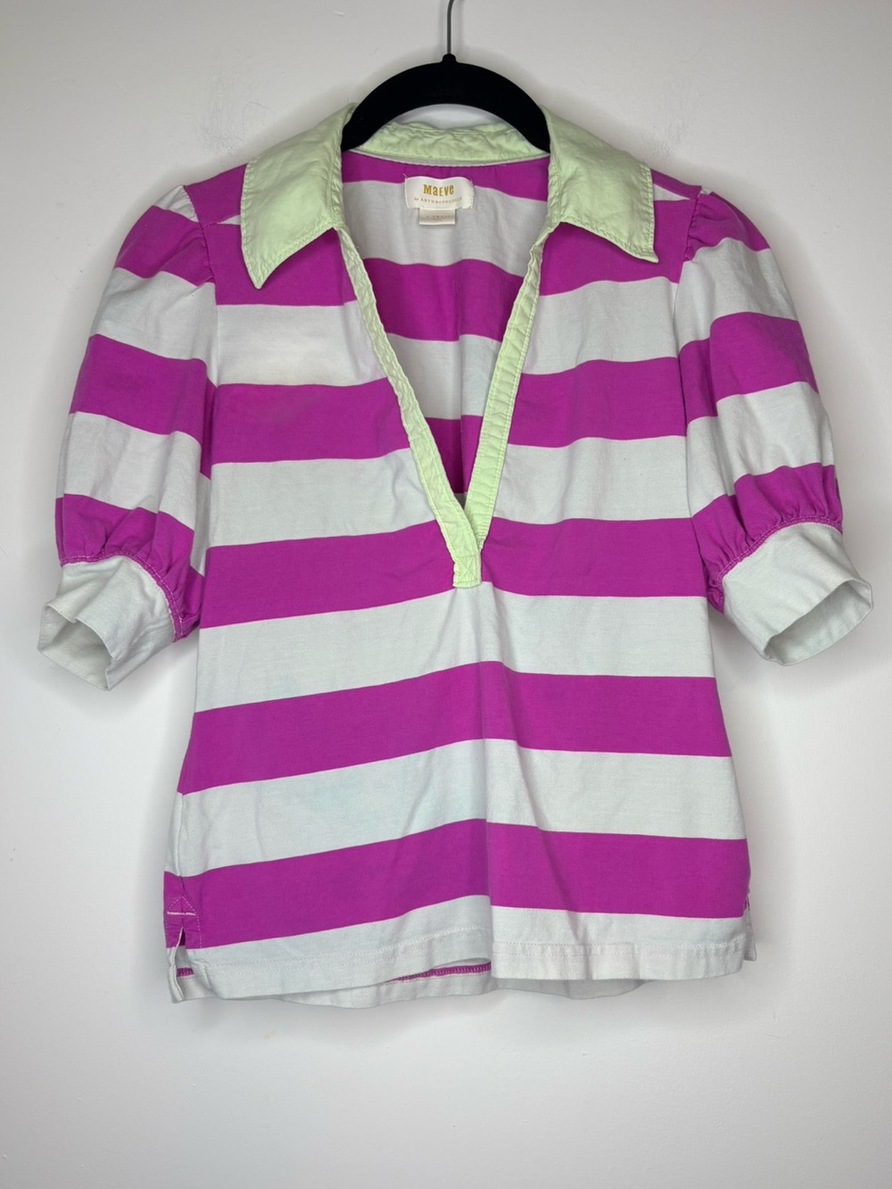 Maeve Pink & White Striped V-neck Polo Top with Lime Trim Size XL
